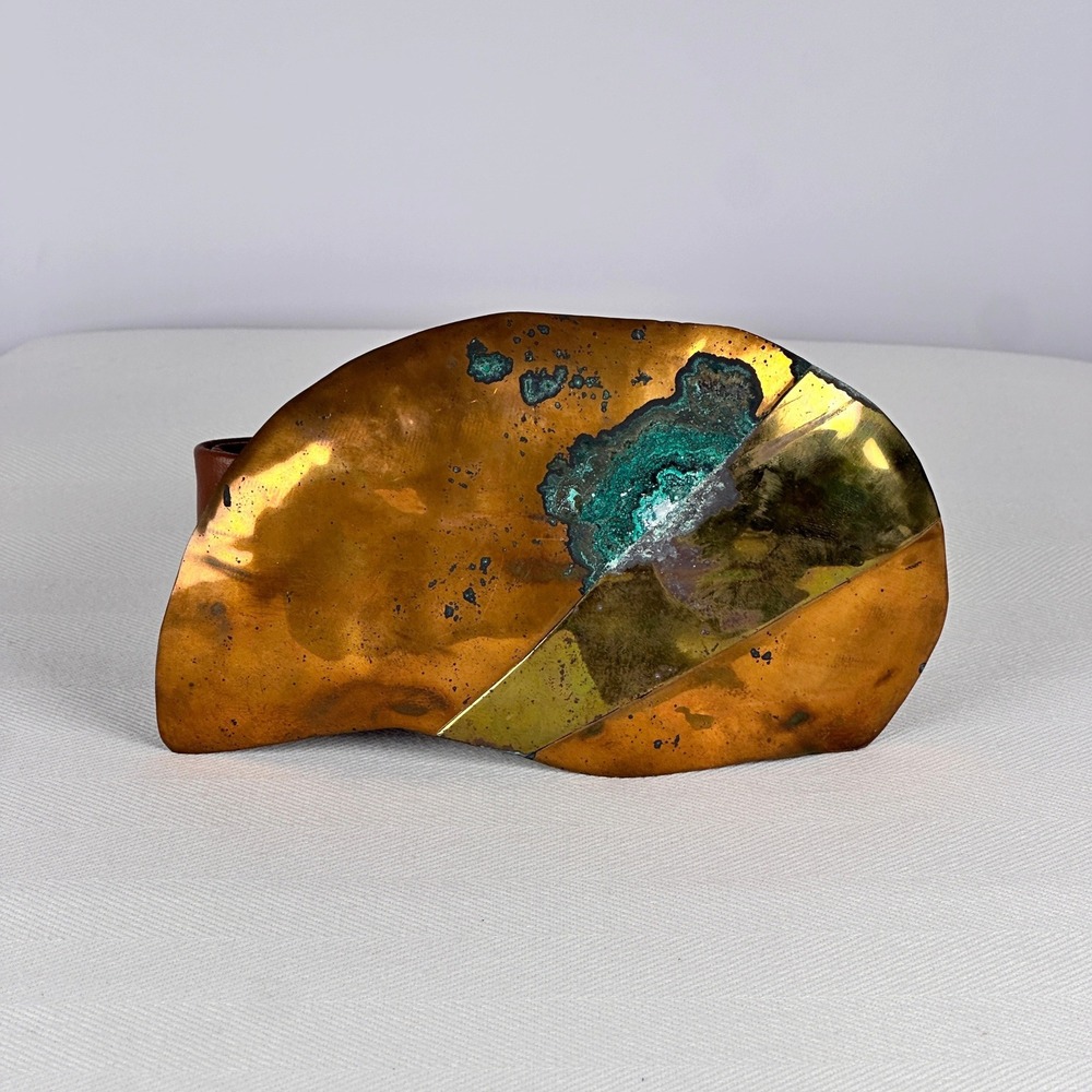 Sculptural 70s Copper Brass Verdigris Patina Brown Belt Statement Buckle Leather - Picture 4 of 5